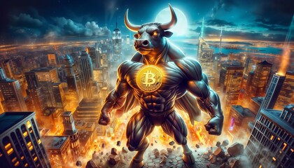 Sticker - Bitcoin bull run - bullish portrait of bull with Bitcoin symbol, market concept