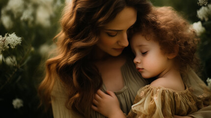 intimate moment between a mother and child, both with curly hair, in a natural setting with soft lig