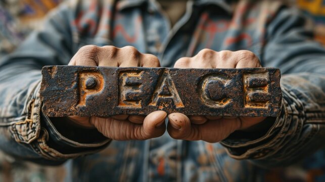 A person holding a rusty sign that says peace, AI