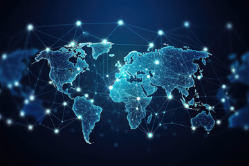 Abstract mash line and point scales on dark background with map of world. 3D mesh polygonal network line, design sphere, dot and structure. Generative AI.