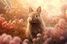 Little Bunny Hiding In Flowers In Sunny Day. Cute Fluffy Rabbit On The Meadow On Warming Spring Day. Easter Greeting Card, Background, Banner, Wallpaper With Copy Space	