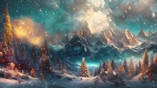 Animation Of Majestic Winter Mountains And Christmas Tree