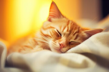 Wall Mural - Ginger tabby cat sleeping on bed. Happy cute kitten resting at home. Adorable pet sleep on cozy white plaid. Bright room, light pastel colors. Lazy sunny mourning concept