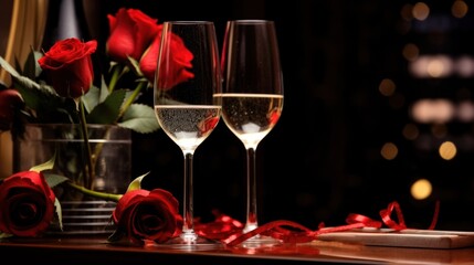 Wall Mural - Romantic dinner setting with red roses and champagne glasses. Valentine's Day celebration.