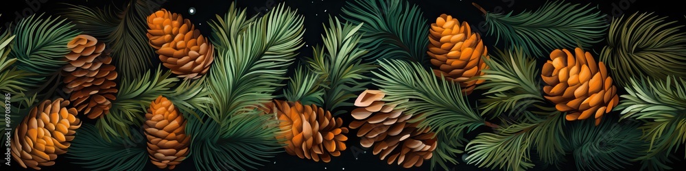 Merry Christmas fir tree branches garland with brown pine cones on dark ...