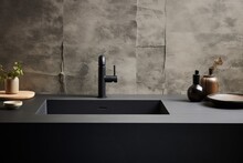 Black Sink And Matte Black Faucet Contrast With Grey Porcelain Surfaces Resembling Natural Stones.