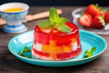 Sticker - Yummy chilled jelly topped with pineapple, strawberry slices, and mint, placed on a blue wooden table.