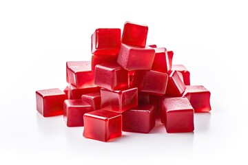 Poster - Red jelly cubes on white background in a pile.