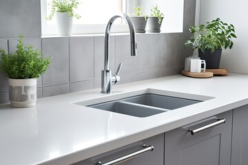 Wall Mural - Stylish kitchen interior with new ceramic sink and modern tap.