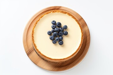 Poster - Overhead view of traditional New York cheesecake covered in blueberries on a wooden stand against a white background with space for text.