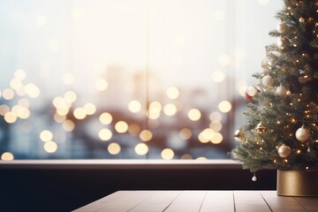 Poster - Table in front of blurry window sill with holiday tree