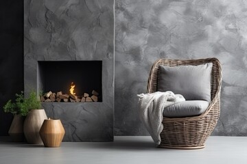 Canvas Print - Contemporary interior style chair fireplace wicker carpet grey stone wall