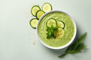 Sticker - Top view of a cool summer soup made with fresh green cucumber.