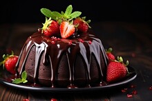 Festive Dark Chocolate Cake With Ganache Icing And Strawberry On Stone Table