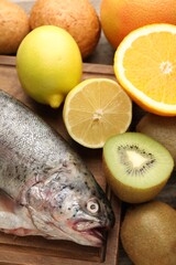 Wall Mural - Allergenic food. Different fresh products on wooden table, closeup