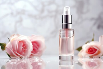 Poster - Trendy glass bottle with facial serum on podium, adorned with pink roses against grey background. Natural beauty product for skincare routine.