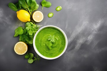 Poster - Top view of dish with spinach detox soup and space for text on table.
