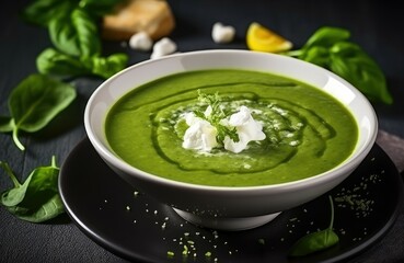 Wall Mural - Appetizing culinary photo of creamy spinach soup with egg and goat cheese on a plate, against a food-themed background.