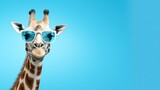 Fototapeta Natura - Funny giraffe with sunglasses cartoon style on bright blue background with lots of copy space on the right side created with Generative AI