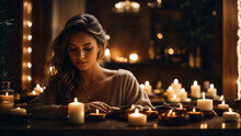 Woman In A Spa With Candle Light, Brunette In Spa Massage Concept, Women With Candles