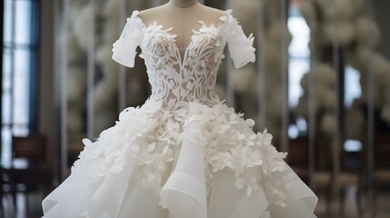 Closeup Of Luxurious White Bridal Gown In Boutique