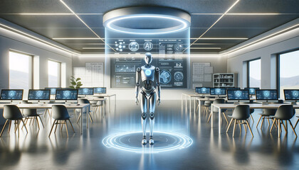 Wall Mural - Futuristic AI Classroom with Robot and Digital Touchscreen Display