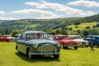 Vintage car rally in a picturesque countryside setting.
