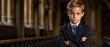 © Natalia - A young boy in a suit and tie standing in a hallway. Generative AI.