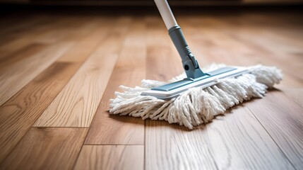 Floor cleaning with mob and cleanser foam. Cleaning tools on parquet floor