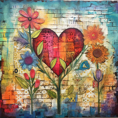 Poster - Watercolor Valentine Heart Brick Wall
