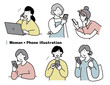 スマートフォンを見る女性のイラストセット素材