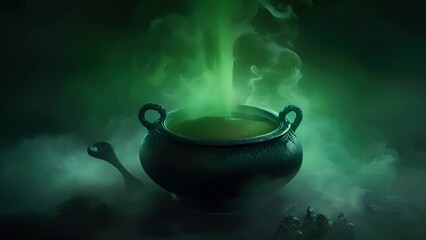 Wall Mural - A cauldron bubbling with a mysterious green mist its swirling vapours slowly fading Fantasy art concept.