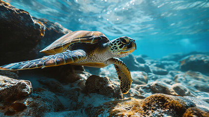 Wall Mural - Underwater wild turtle floating over blue beautiful natural ocean background. Life in the coral reef underwater. Wildlife concept of ecological environment