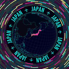Poster - Japan on globe. Satellite view of the world centered on Japan. Bright neon style. Futuristic radial bricks background. Authentic vector illustration.