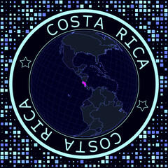 Fototapete - Costa Rica on globe vector. Futuristic satelite view of the world centered to Costa Rica. Geographical illustration with shape of country and squares background. Bright neon colors on dark background.