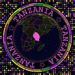 Poster - Futuristic Tanzania on globe. Bright neon satellite view of the world centered on Tanzania. Geographical illustration with the shape of the country and geometric background. Neat vector illustration.