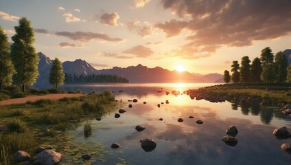 Poster - Tranquil sunrise over calm water and peaceful nature landscape
