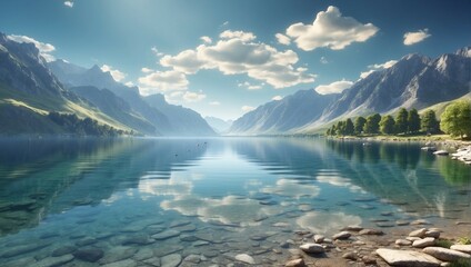 Wall Mural - Lake Surrounded by Majestic Mountains and Lush Green Environment