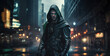 a futuristic version of Robin Hood  in a cyberpunk city