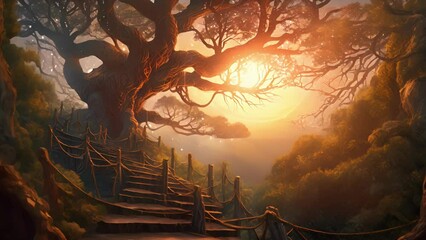 Wall Mural - Tall ancient trees reaching up towards the stars gnarled roots creating a maze of Fantasy art concept.