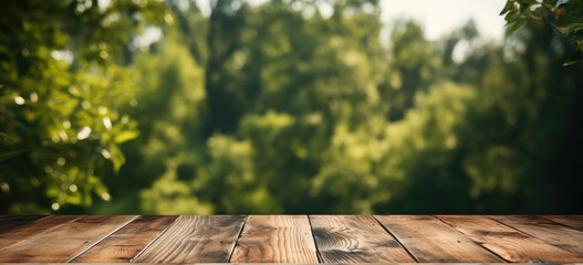 Aufkleber - Empty wooden table with green background. Generative AI.