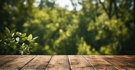 Aufkleber - Empty wooden table with green background. Generative AI.