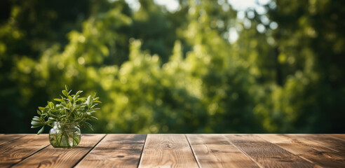 Aufkleber - Empty wooden table with green background. Generative AI.
