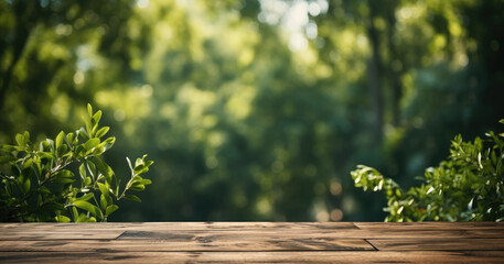 Aufkleber - Empty wooden table with green background. Generative AI.