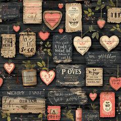 Poster - Rustic Love Signs Seamless Patterns