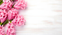 Hyacinth On White Background, Pink Hyacinths On Wooden Background