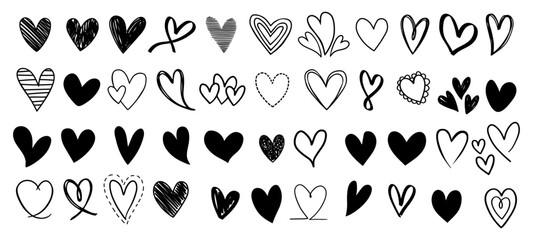 Wall Mural - Funny doodle hearts icons collection. Hand drawn Valentines day, wedding design
