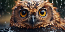 A Close Up Of An Owl With Yellow Eyes In The Rain
