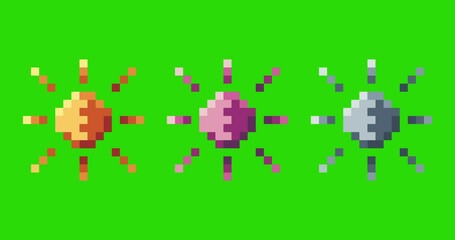 Poster - Green screen of sun, sun icon bits pixel slowly appeared and dissappeared. Simple animation from pixel dots form sets of sun icon . Usefull for game asset or design asset animate.