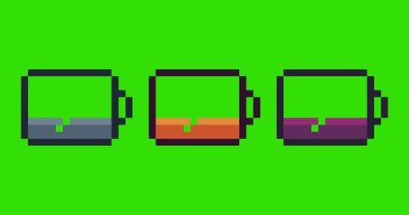 Poster - Green screen of battery , battery icon bits pixel slowly appeared and dissappeared. Simple animation from pixel dots form sets of battery icon . Usefull for game asset or design asset animate.